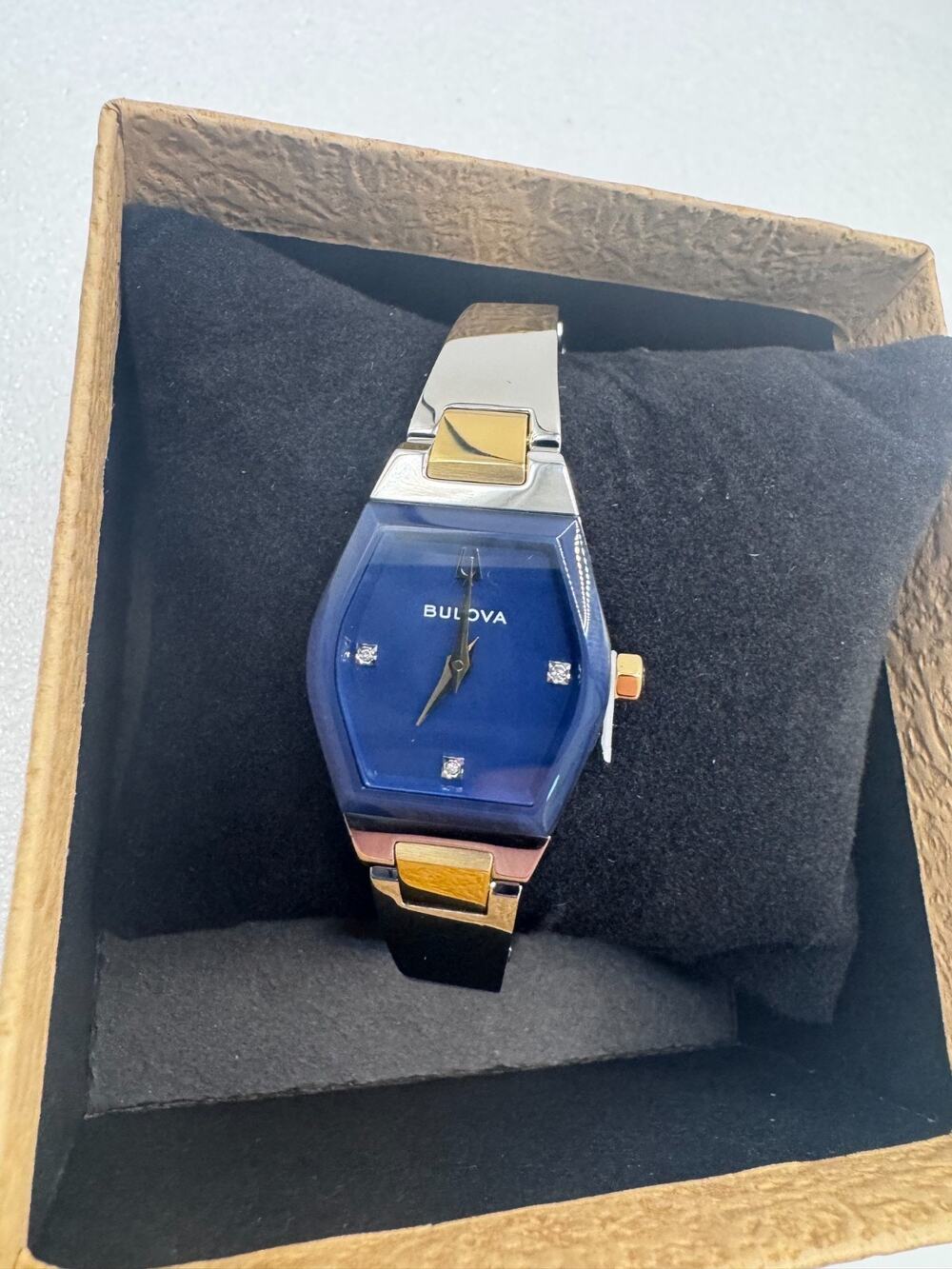 Bulova Gemini Diamonds Quartz Blue Dial Steel Ladies Bangle Watch 98P218